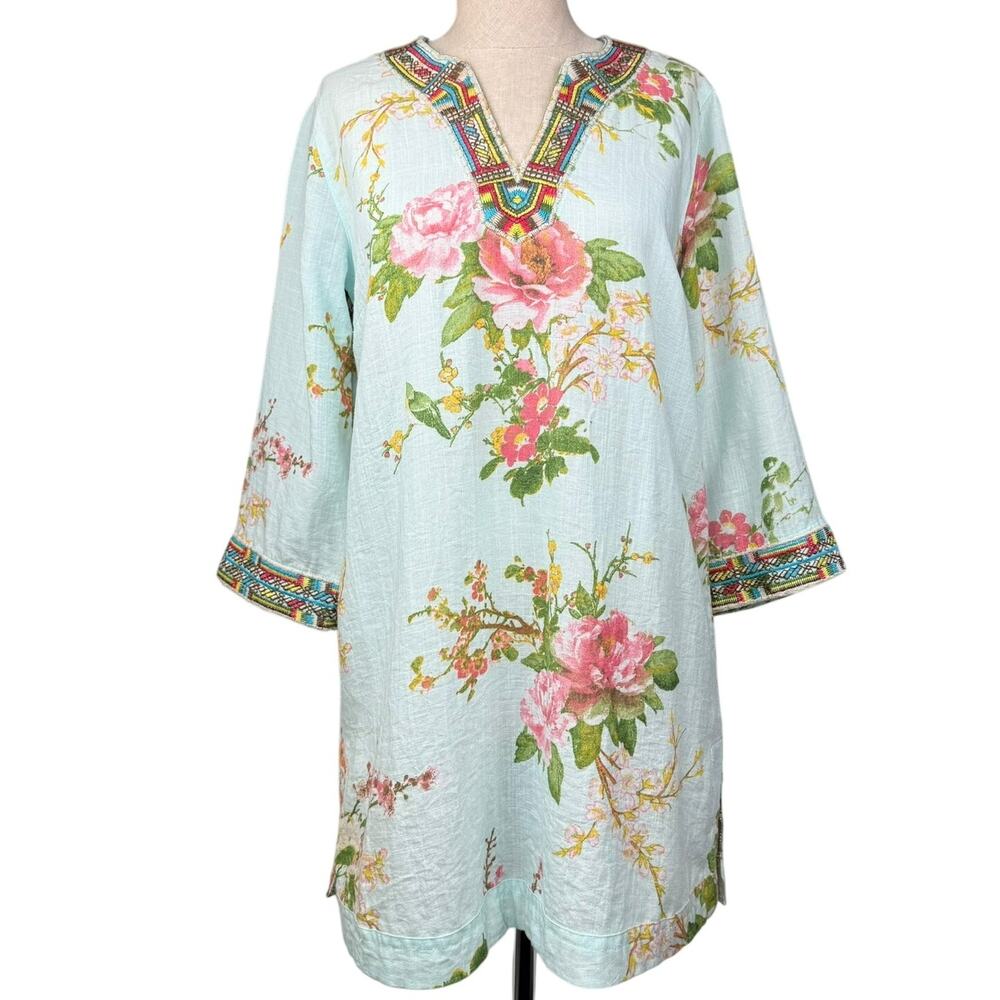 Soft Surroundings Embroidered Floral Boho Tunic Top XS Aqua Blue